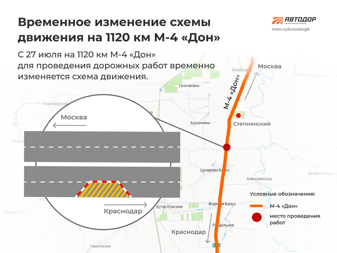 На 1120 км трассы М-4 в Краснодарском крае ограничат движение