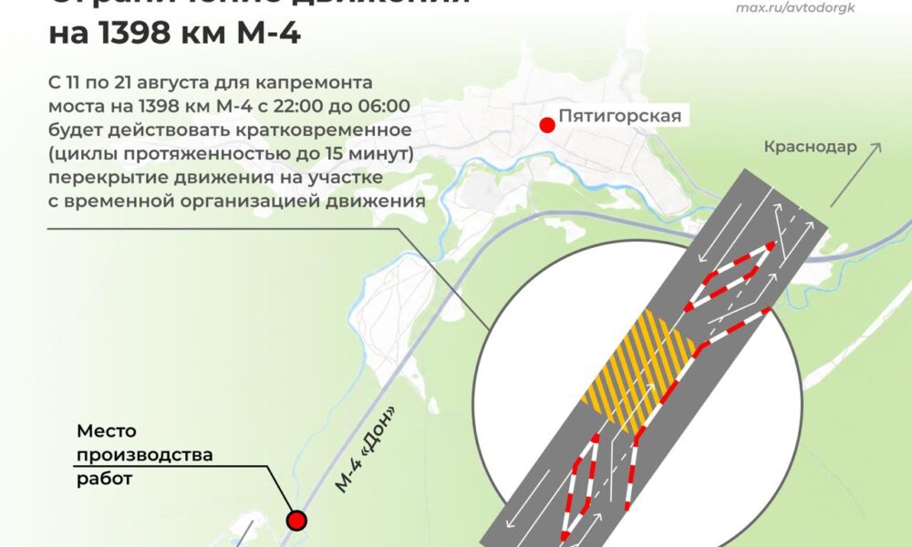 На 1398 км трассы М-4 у Горячего Ключа ограничат движение